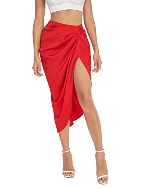 SheIn Women's Fold Pleated Asymmetrical Split Thigh High Waist Midi Ruched Skirt