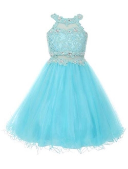 Dreamer P Big Girls Sparkle Rhinestone Halter Junior Bridesmaid Pageant Flower Girl Dress