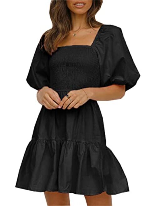 Angashion Women Square Neck Dress Solid Short Puff Sleeve Smocked Waist Knee Length Ruffle Summer Midi Dresses