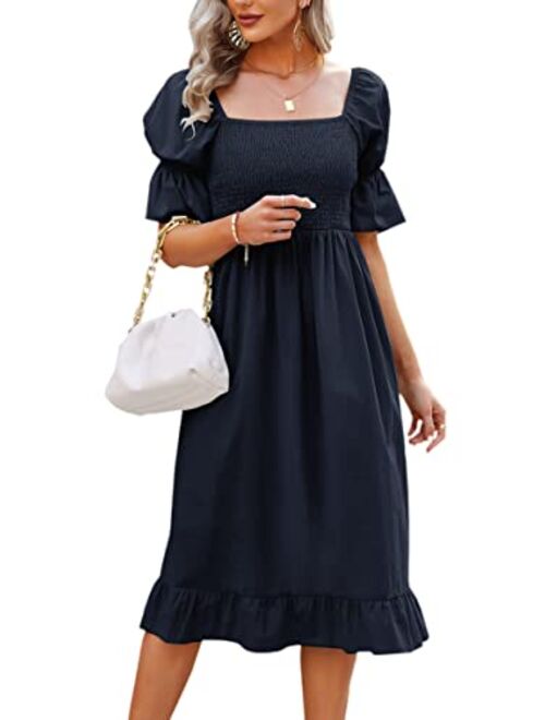 Angashion Women Square Neck Dress Solid Short Puff Sleeve Smocked Waist Knee Length Ruffle Summer Midi Dresses