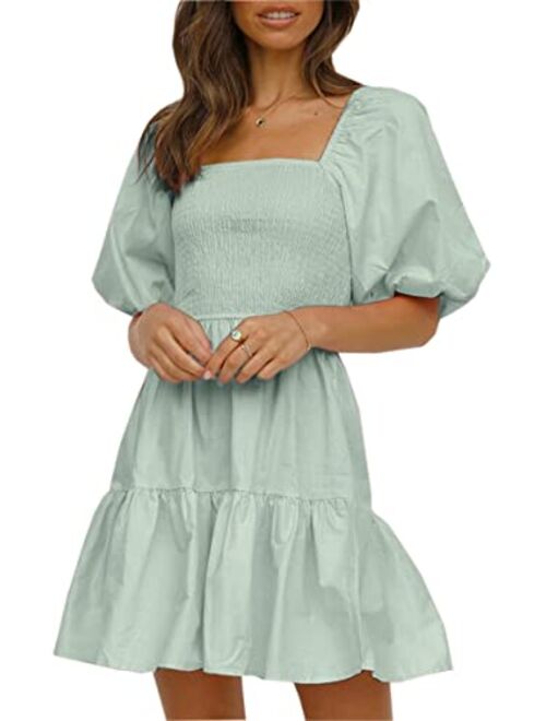 Angashion Women Square Neck Dress Solid Short Puff Sleeve Smocked Waist Knee Length Ruffle Summer Midi Dresses