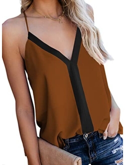 AlvaQ Women's Summer Colorblock V Neck Strappy Tank Tops Loose Casual Sleeveless Shirts Blouses S-XXL