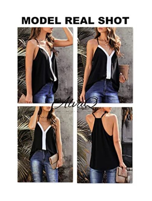 AlvaQ Women's Summer Colorblock V Neck Strappy Tank Tops Loose Casual Sleeveless Shirts Blouses S-XXL