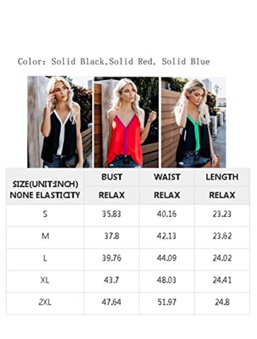 AlvaQ Women's Summer Colorblock V Neck Strappy Tank Tops Loose Casual Sleeveless Shirts Blouses S-XXL