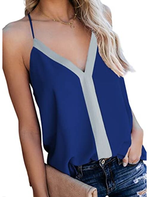 AlvaQ Women's Summer Colorblock V Neck Strappy Tank Tops Loose Casual Sleeveless Shirts Blouses S-XXL