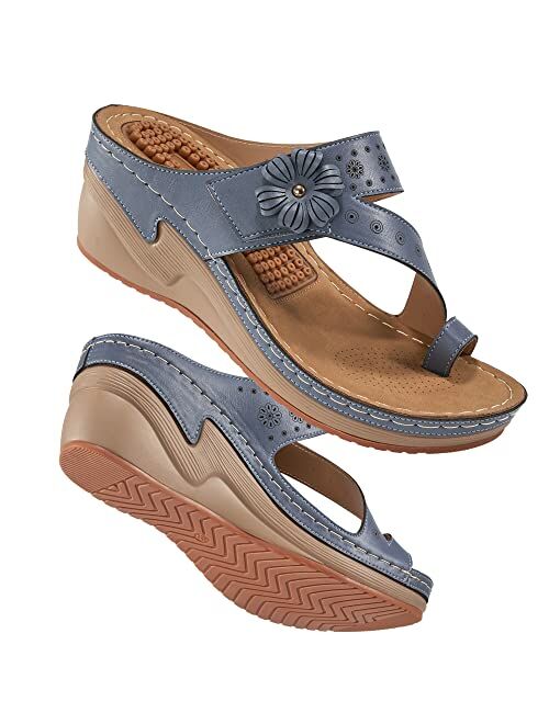 Fudynmalc Womens Wedge Flip Flops Sandals with Arch Support Summer Comfortable Platform Bohemia Flat Shoes Massage Function Casual Thong Sandal