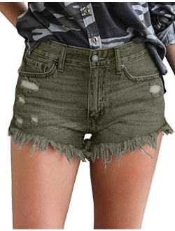 luvamia Women's Casual Denim Shorts Frayed Raw Hem Ripped Jeans Shorts