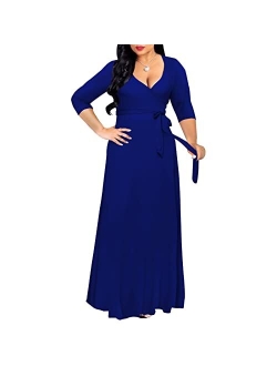 FANDEE Plus Size Maxi Dress for Women Casual Summer Sundress V-Neck 3/4 Sleeve