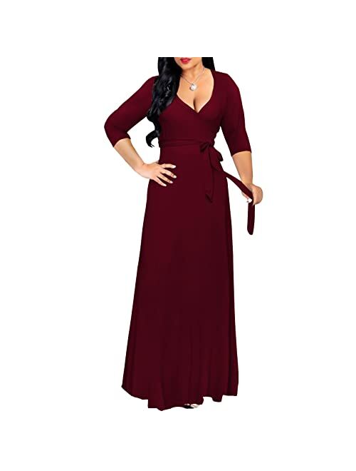 FANDEE Plus Size Maxi Dress for Women Casual Summer Sundress V-Neck 3/4 Sleeve