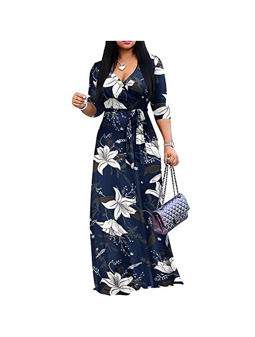 FANDEE Plus Size Maxi Dress for Women Casual Summer Sundress V-Neck 3/4 Sleeve