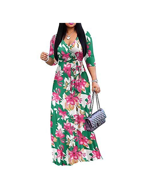 FANDEE Plus Size Maxi Dress for Women Casual Summer Sundress V-Neck 3/4 Sleeve