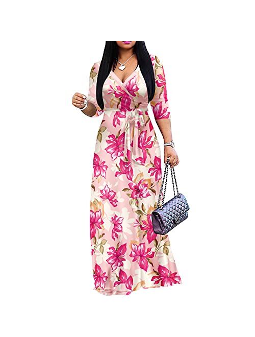 FANDEE Plus Size Maxi Dress for Women Casual Summer Sundress V-Neck 3/4 Sleeve