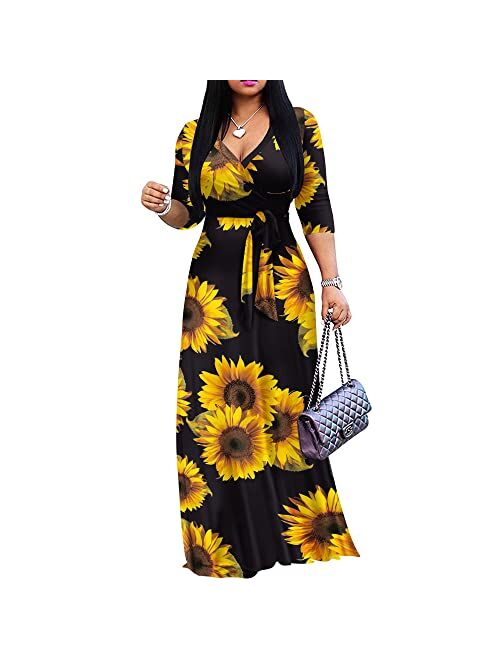 FANDEE Plus Size Maxi Dress for Women Casual Summer Sundress V-Neck 3/4 Sleeve