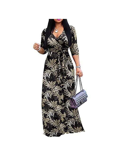 FANDEE Plus Size Maxi Dress for Women Casual Summer Sundress V-Neck 3/4 Sleeve