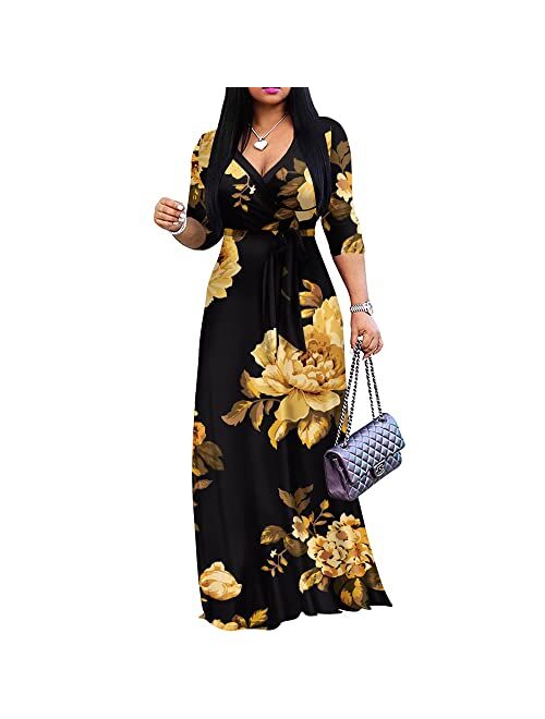 FANDEE Plus Size Maxi Dress for Women Casual Summer Sundress V-Neck 3/4 Sleeve