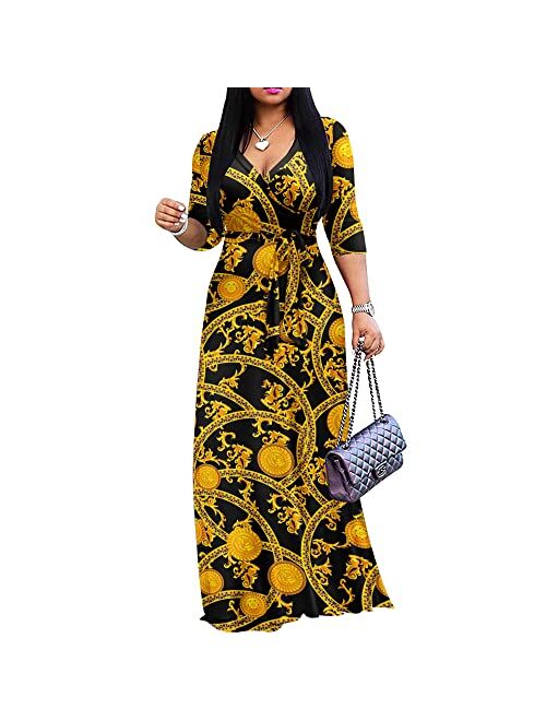 FANDEE Plus Size Maxi Dress for Women Casual Summer Sundress V-Neck 3/4 Sleeve