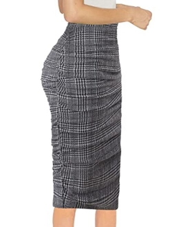 Vfshow Womens Elegant Ruched Ruffle High Waist Casual Pencil Midi Mid-Calf Skirt