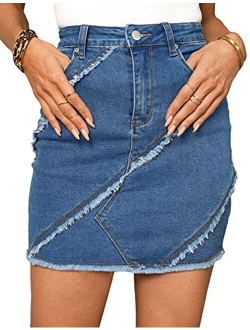 luvamia Women's Casual Mid Waisted Washed Frayed Pockets Denim Jean Short Skirt