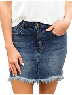 luvamia Women's Casual Mid Waisted Washed Frayed Pockets Denim Jean Short Skirt