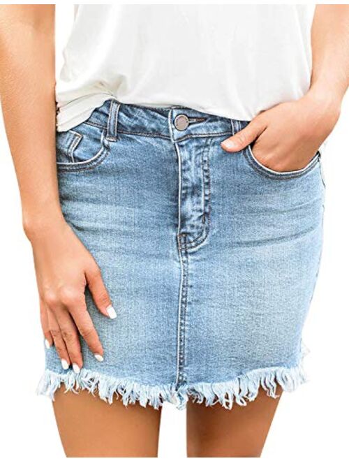 luvamia Women's Casual Mid Waisted Washed Frayed Pockets Denim Jean Short Skirt