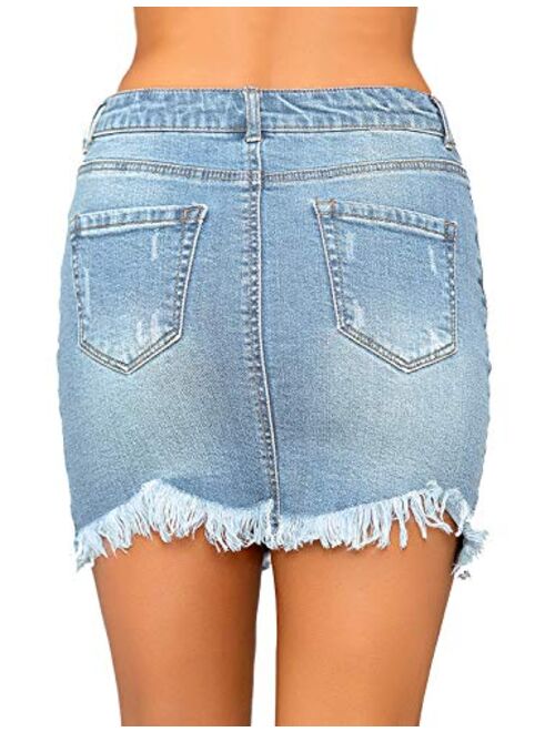 luvamia Women's Casual Mid Waisted Washed Frayed Pockets Denim Jean Short Skirt