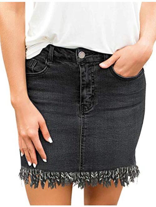 luvamia Women's Casual Mid Waisted Washed Frayed Pockets Denim Jean Short Skirt