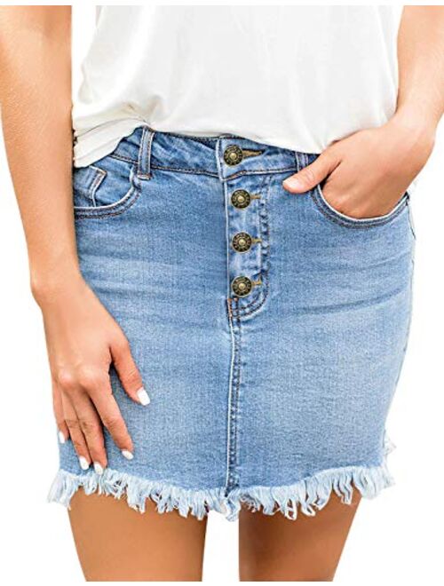 luvamia Women's Casual Mid Waisted Washed Frayed Pockets Denim Jean Short Skirt