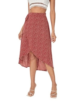 Women's Boho Ditsy Floral Knot High Waisted Wrap Split Midi Skirt