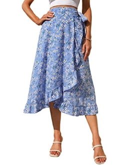 Women's Boho Ditsy Floral Knot High Waisted Wrap Split Midi Skirt