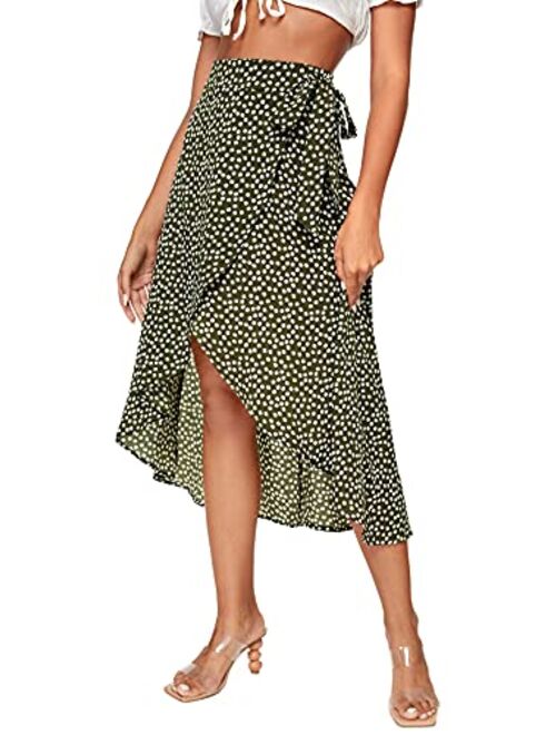 SheIn Women's Boho Ditsy Floral Knot High Waisted Wrap Split Midi Skirt