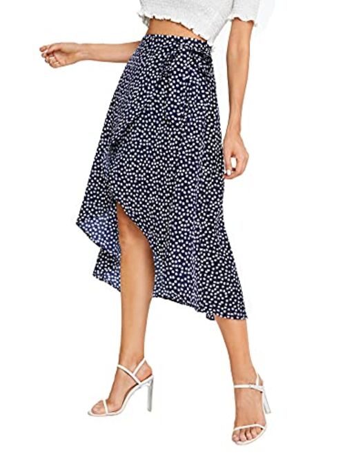 SheIn Women's Boho Ditsy Floral Knot High Waisted Wrap Split Midi Skirt