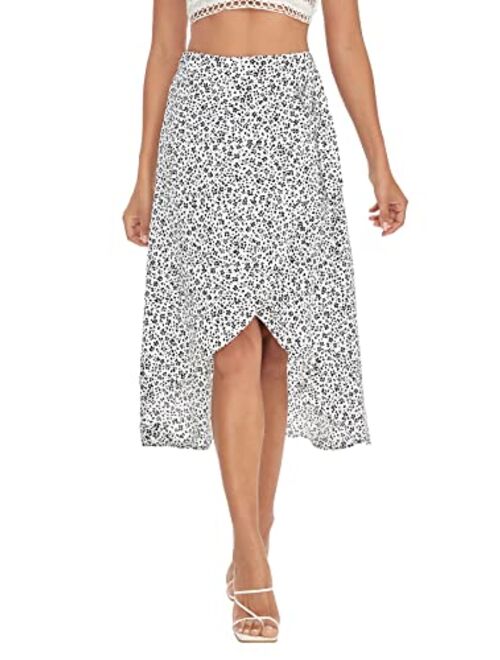 SheIn Women's Boho Ditsy Floral Knot High Waisted Wrap Split Midi Skirt