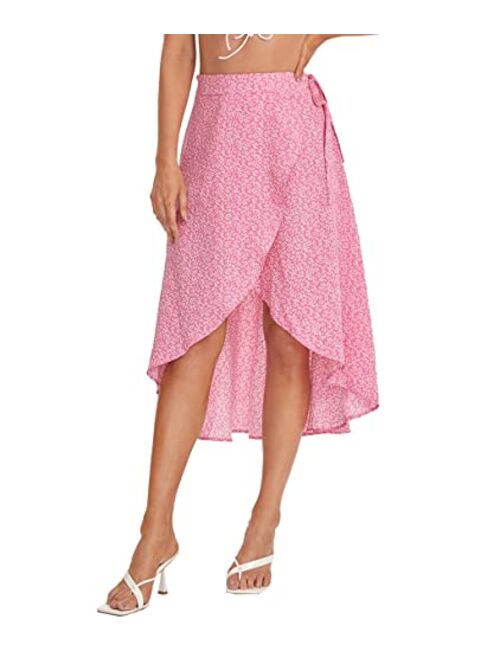 SheIn Women's Boho Ditsy Floral Knot High Waisted Wrap Split Midi Skirt