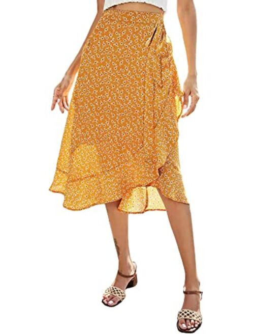 SheIn Women's Boho Ditsy Floral Knot High Waisted Wrap Split Midi Skirt