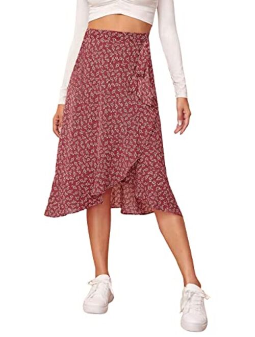 SheIn Women's Boho Ditsy Floral Knot High Waisted Wrap Split Midi Skirt