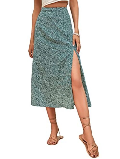 SheIn Women's Boho Ditsy Floral Knot High Waisted Wrap Split Midi Skirt