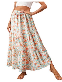 KIRUNDO Summer Women's High Waist Boho Floral Print Pleated Maxi Skirt Casual Flowy Swing A Line Chiffon Beach Long Skirts