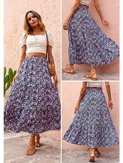 KIRUNDO Summer Women's High Waist Boho Floral Print Pleated Maxi Skirt Casual Flowy Swing A Line Chiffon Beach Long Skirts