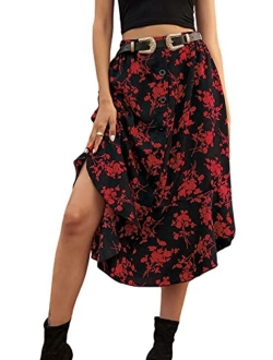 Women's Floral Print Button Front Ruffle Hem High Waist A Line Midi Skirts