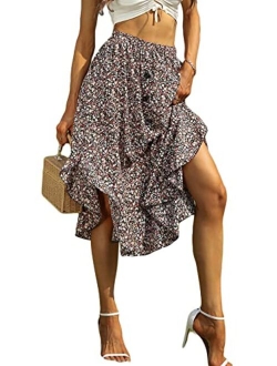 Women's Floral Print Button Front Ruffle Hem High Waist A Line Midi Skirts