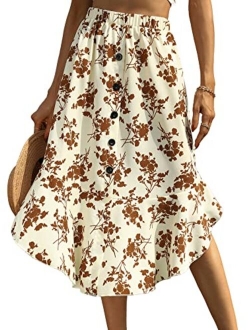 Women's Floral Print Button Front Ruffle Hem High Waist A Line Midi Skirts