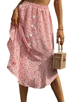 Women's Floral Print Button Front Ruffle Hem High Waist A Line Midi Skirts