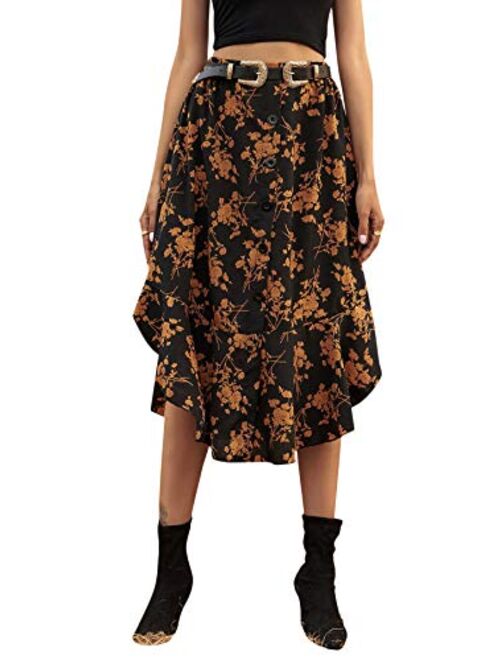 SheIn Women's Floral Print Button Front Ruffle Hem High Waist A Line Midi Skirts