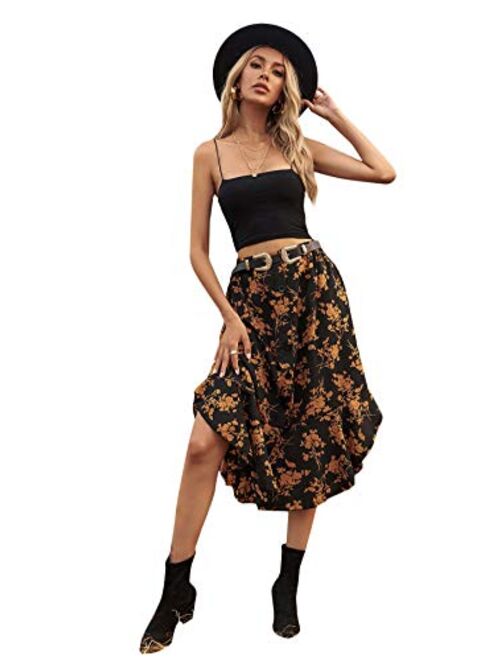 SheIn Women's Floral Print Button Front Ruffle Hem High Waist A Line Midi Skirts