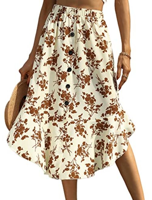 SheIn Women's Floral Print Button Front Ruffle Hem High Waist A Line Midi Skirts