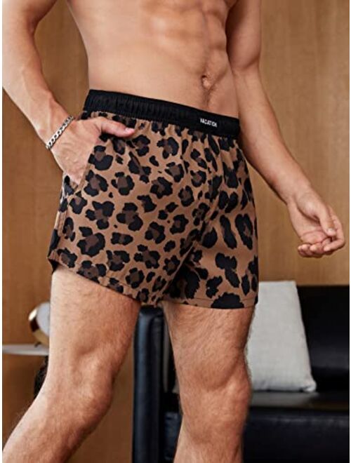 Milumia Men's Swim Trunks Leopard Print Letter Pocket Quick Dry Beach Shorts Swimwear