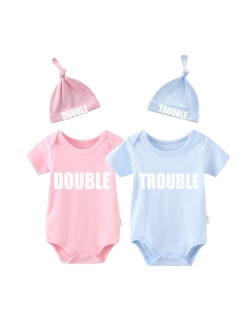 YSCULBUTOL Baby Twins Bodysuits Funny Double Trouble Cute Romper Twin Jumpsuits Hat Set