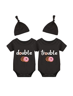 YSCULBUTOL Baby Twins Bodysuits Funny Double Trouble Cute Romper Twin Jumpsuits Hat Set