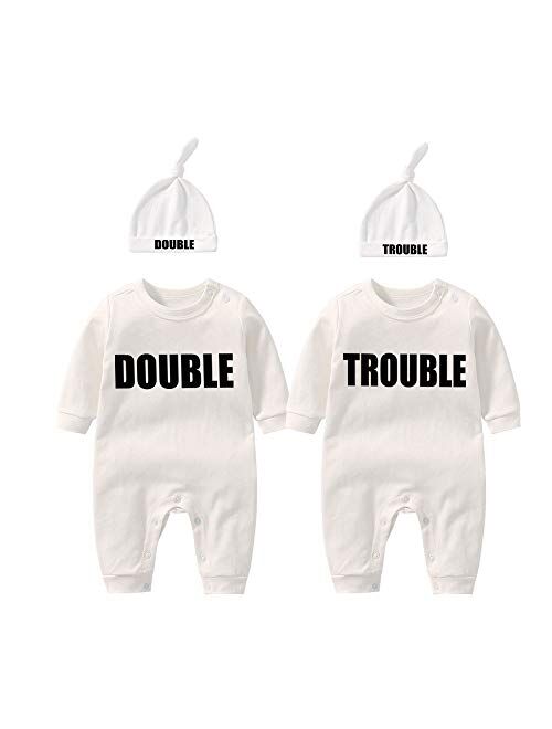 YSCULBUTOL Baby Twins Bodysuits Funny Double Trouble Cute Romper Twin Jumpsuits Hat Set