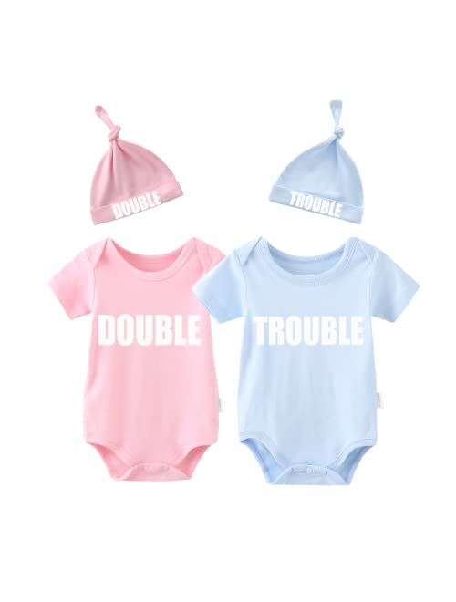 YSCULBUTOL Baby Twins Bodysuits Funny Double Trouble Cute Romper Twin Jumpsuits Hat Set